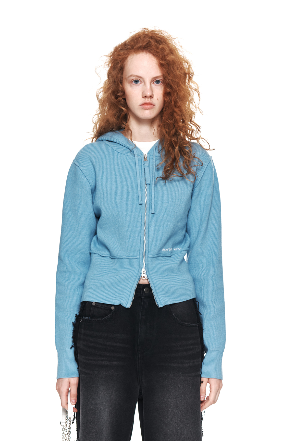 RIBBED KNIT HOODY ZIP UP FOR WOMEN IN SKY