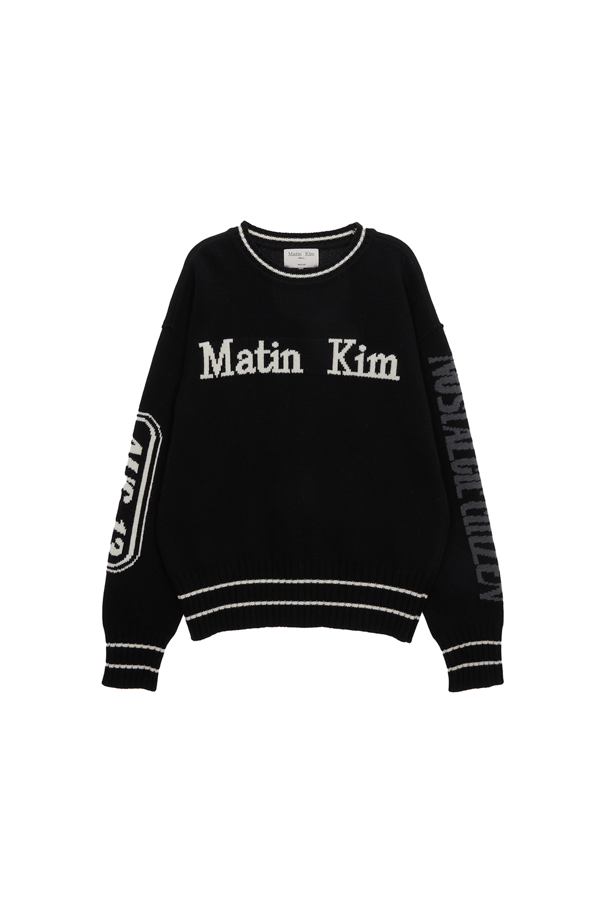 SLEEVE LETTERING KNIT PULLOVER IN BLACK