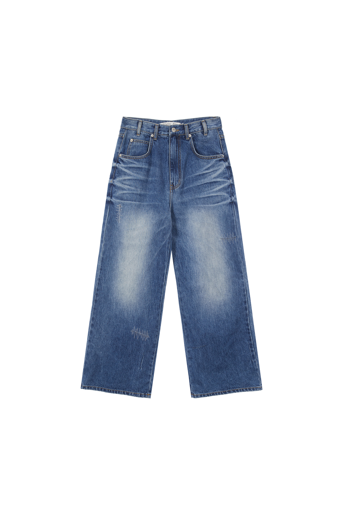 EMBROIDERY BRUSHED LOOSE SILHOUETTE DENIM PANTS IN BLUE