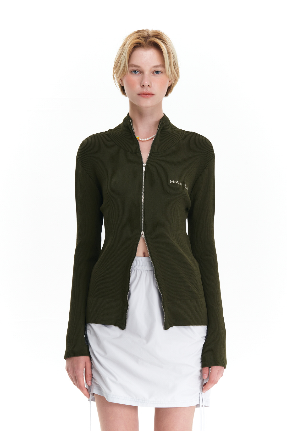 FITTED ZIP UP KNIT CARDIGAN IN KHAKI