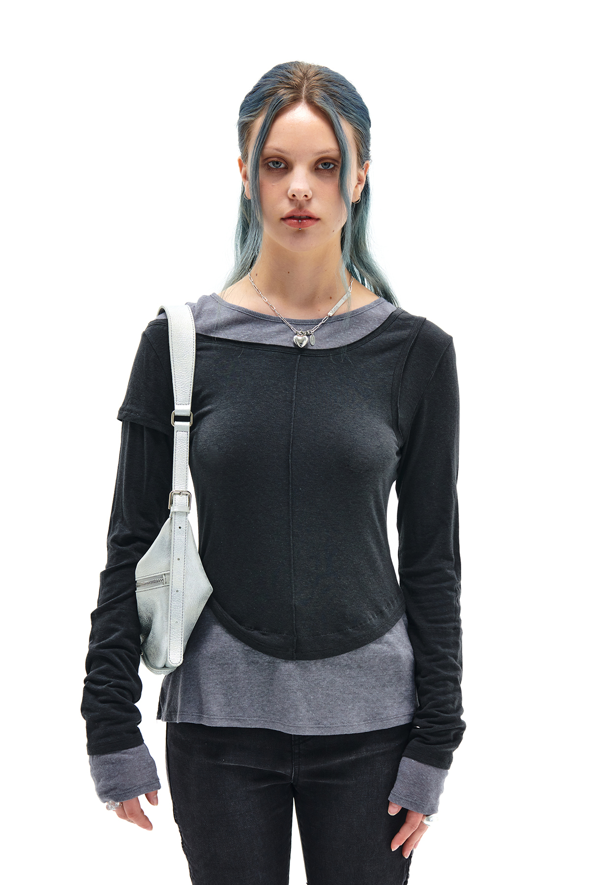 TWO TONE LAYERED TOP IN CHARCOAL