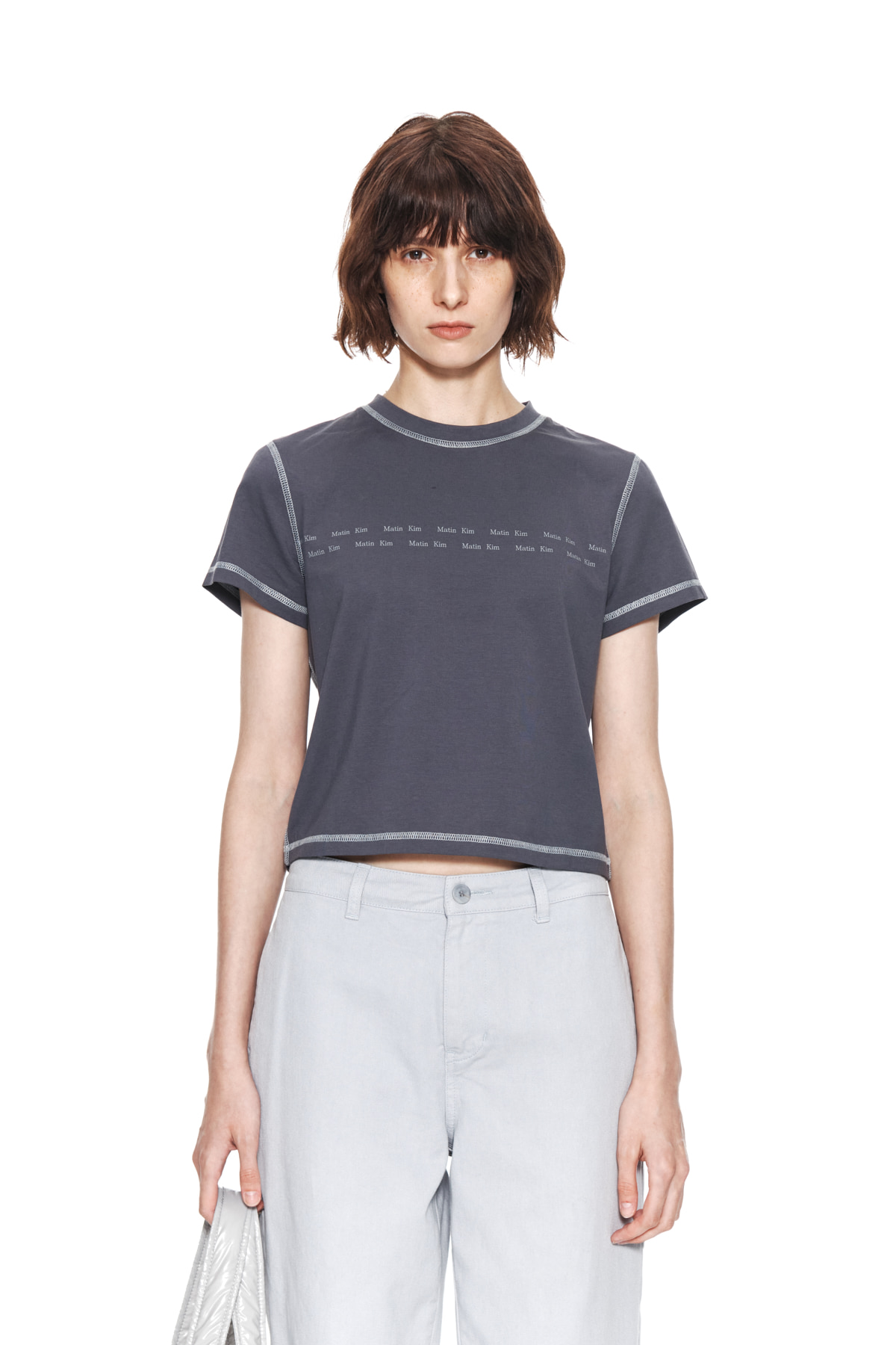 DOUBLE LINE LOGO STITCH CROP TOP IN CHARCOAL