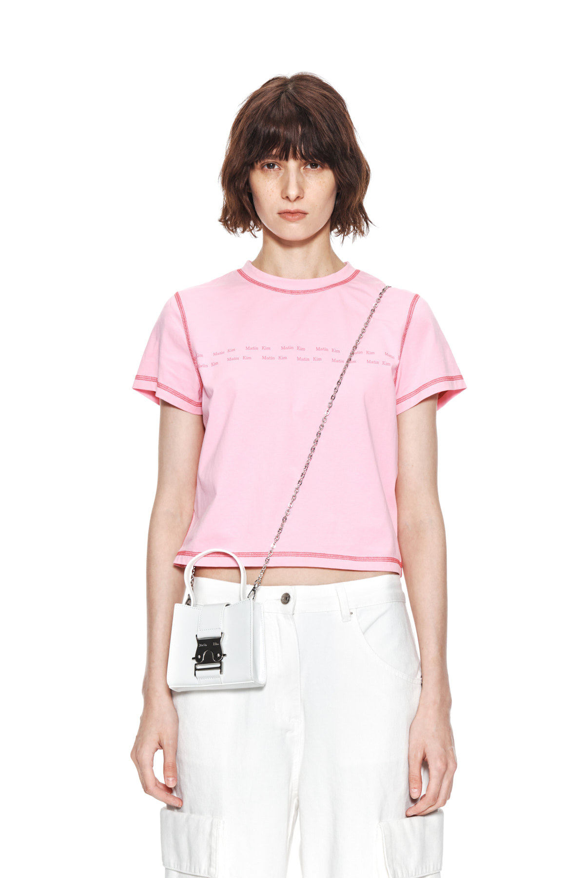 DOUBLE LINE LOGO STITCH CROP TOP IN PINK