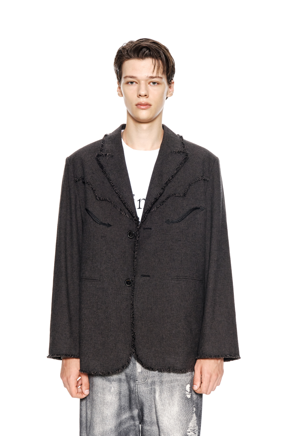 RAW CUT CHECK BLAZER FOR MEN IN CHARCOAL