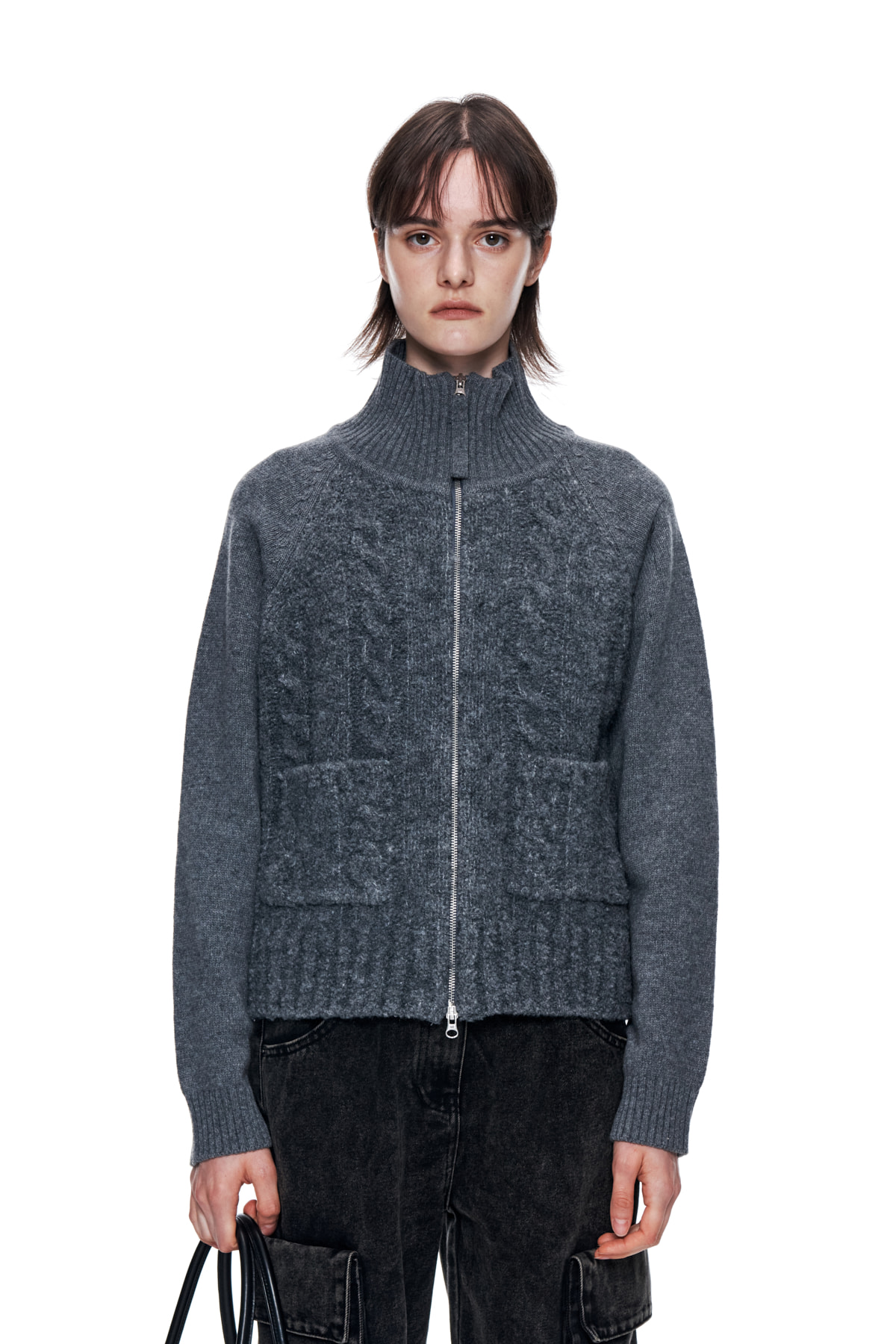 [EXCLUSIVE] SPELL POINT CABLE KNIT ZIP UP IN CHARCOAL