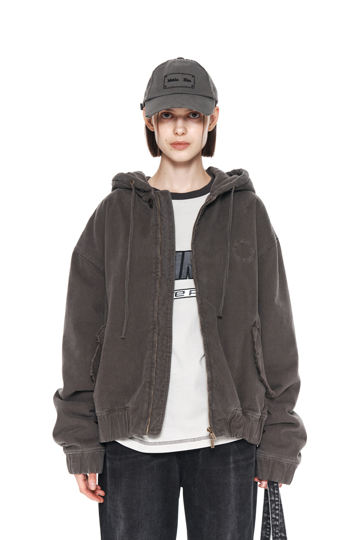 CATION WASHED HOODY ZIP UP JUMPER IN CHARCOAL